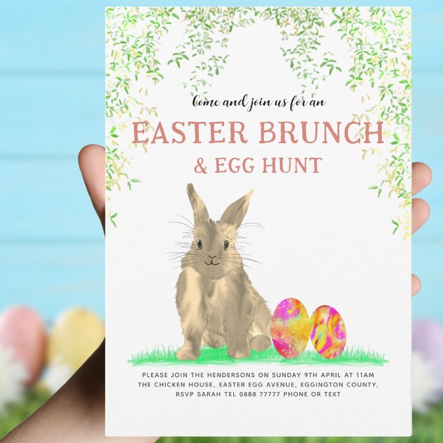 Convite Caza de Ovos da Páscoa Fofa e Brunch  (Easter brunch and egg hunt cute bunny and colorful eggs invitation)