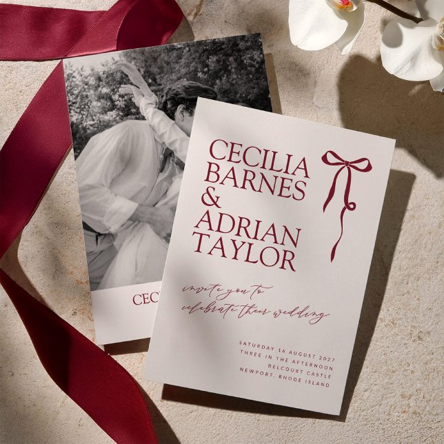 Convite CECILIA Burgundy Wedding Invitation with Bow (Criador carregado)