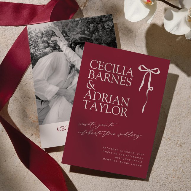 Convite CECILIA Burgundy Wedding Invitation with Bow (Criador carregado)