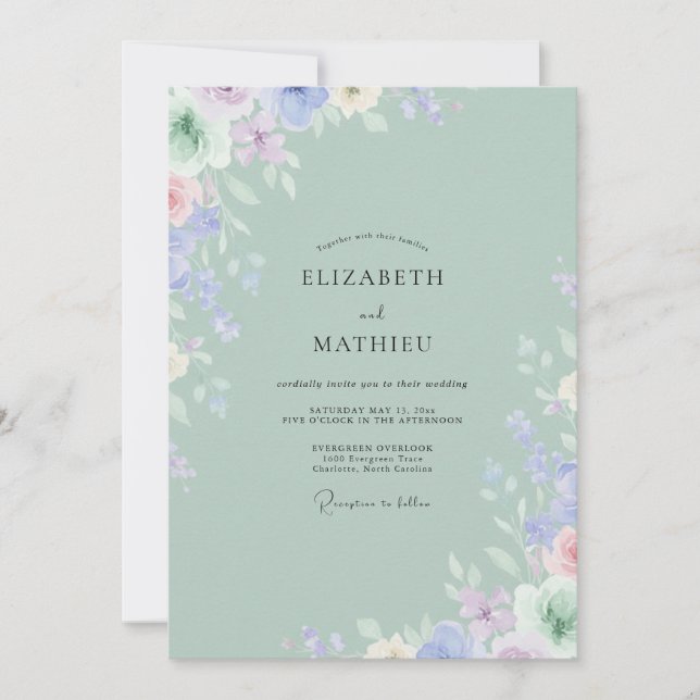 Convite Celadon Lilás Pálido Peônia Casamento (Frente)
