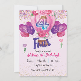 Convite Celebração a rosa: Confetti Balão 4.º Aniversário