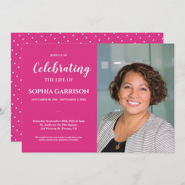 Convite Celebração Brilhante Rosa da Vida com o Funeral Fo (Frente/Verso)