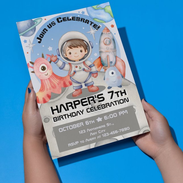 Convite Celebração Celestial: Astronauta Azul Claro (Stellar Space Adventures: Watercolor Kids Birthday Collection)