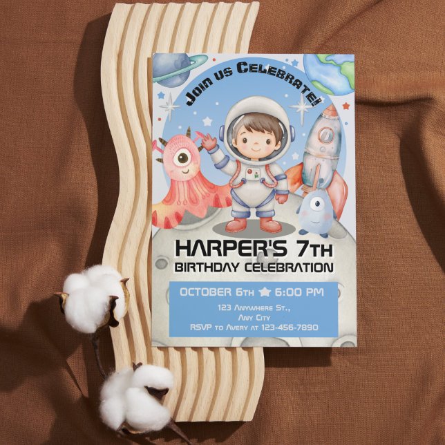 Convite Celebração Celestial: Astronauta Azul Claro (Stellar Space Adventures: Watercolor Kids Birthday Collection)