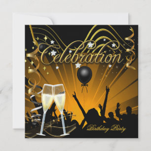 Convite Celebração Champagne Dourado Festa de Aniversário
