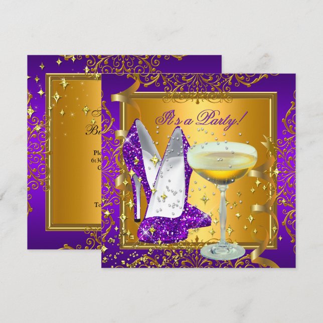 Convite Celebração Champanhe Roxo Dourado Real Festa (Frente/Verso)