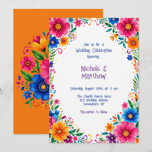 Convite Celebração Colorida de Casamento Floral Mexicano