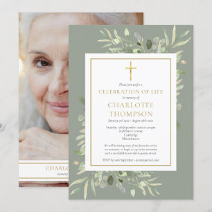 Convite Celebração Cristã da Vida em Foto de Folhagem Sage