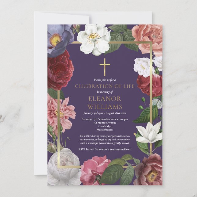 Convite Celebração Cristã da Vida Rosa Roxa Floral (Frente)