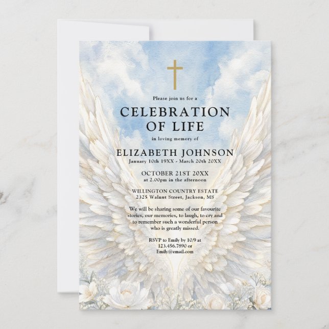 Convite Celebração Cristã das Asas do Anjo da Vida Funeral (Frente)