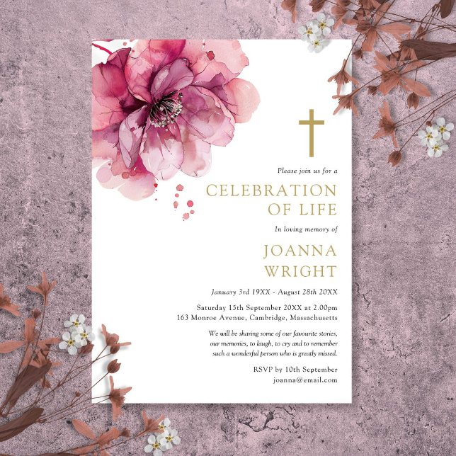 Convite Celebração Cristã de Vida Funeral Floral Rosa (Pink Floral Christian Celebration Of Life Funeral Invitation)