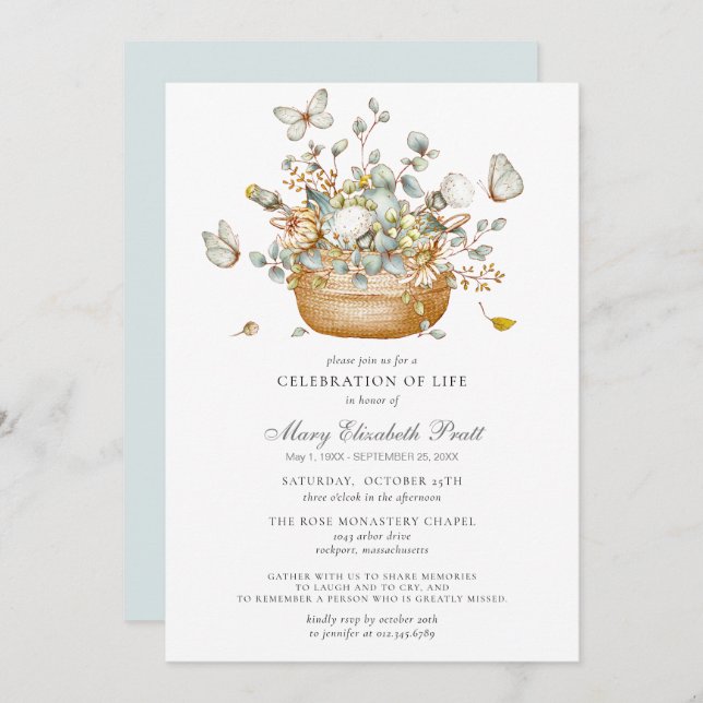 Convite Celebração da Borboleta Floral Azul Dusty (Frente/Verso)