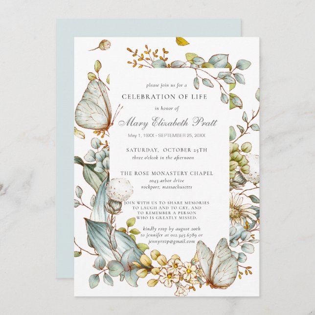 Convite Celebração da Botânica Azul Dusty (Frente/Verso)