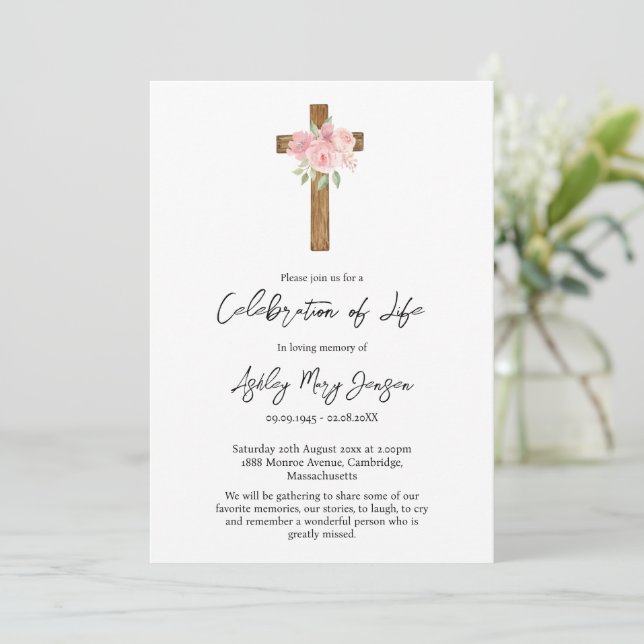 Convite Celebração da Cruz Rosa da Vida Funeral (Em pé/Frente)