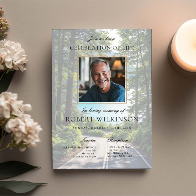 Convite Celebração da estrada da floresta Foto Funeral (Criador carregado)