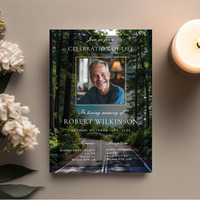 Convite Celebração da estrada da floresta Foto Funeral (Criador carregado)