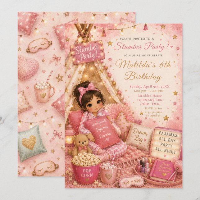 Convite Celebração da Festa de Dormir Rosa (Frente/Verso)