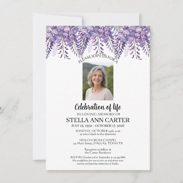 Convite Celebração da Foto de Vida Wisteria Floral Funeral (Frente)