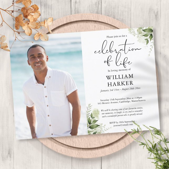 Convite Celebração da Foto Funeral Verde (Celebration of Life Greenery Funeral Photo Invitation)