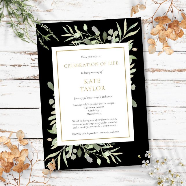 Convite Celebração da Funeral Verde Dourado Preto Vida (Celebration of Life Funeral Greenery Gold Black Invitation)