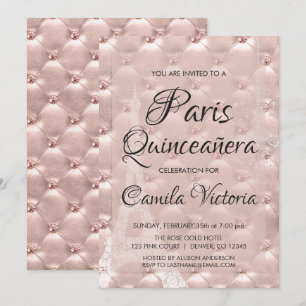 Convite Celebração da Quinceañera Dourada Paris Rosa Ro