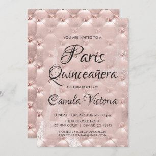 Convite Celebração da Quinceañera Dourada Paris Rosa Rosa 