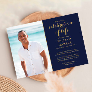Convite Celebração da Vida Azul Marinho Dourado Foto Funer