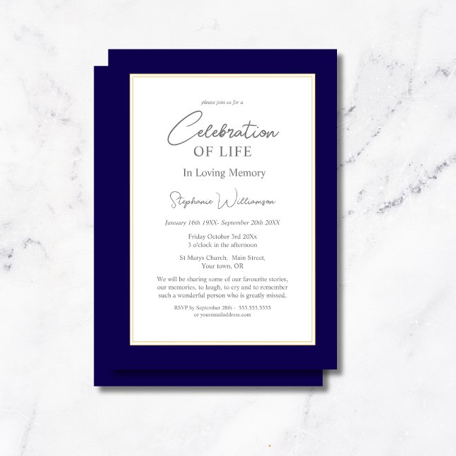 Convite Celebração da Vida Azul Marinho e Dourado (Criador carregado)