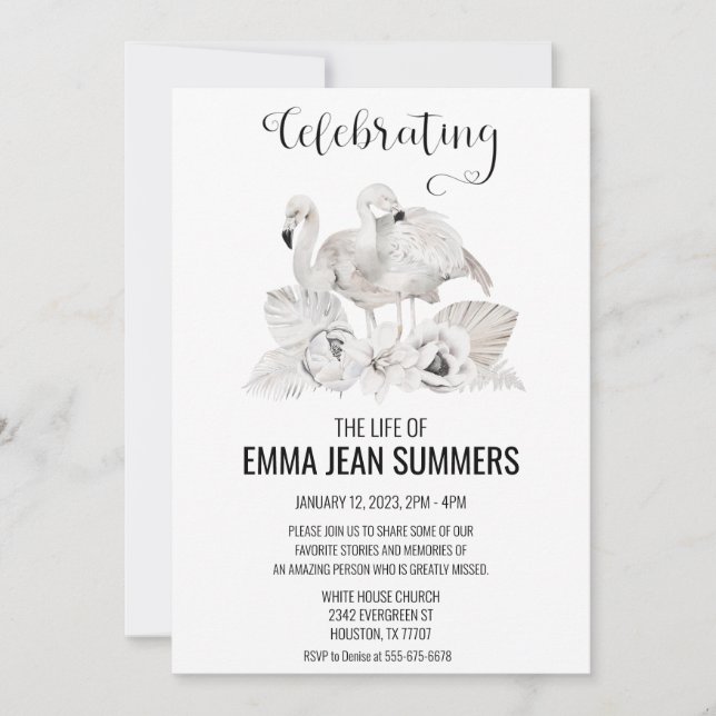 Convite Celebração da Vida Branca Flamingo Boho Tropical (Frente)