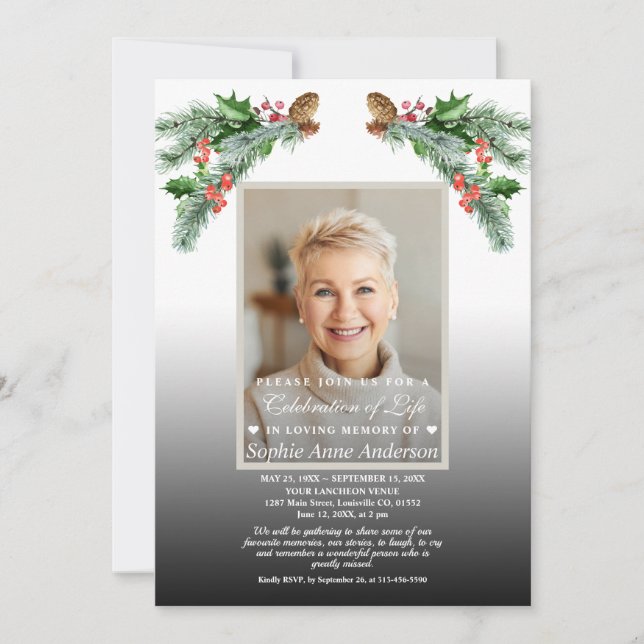 Convite Celebração da Vida Buquê de Inverno Foto Memorial  (Frente)