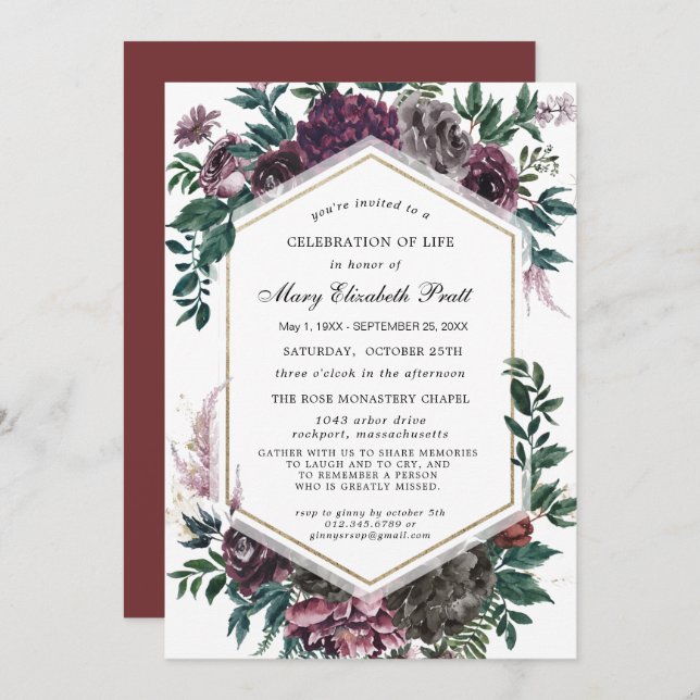 Convite Celebração da Vida Burgundy Vermelha Funeral (Frente/Verso)