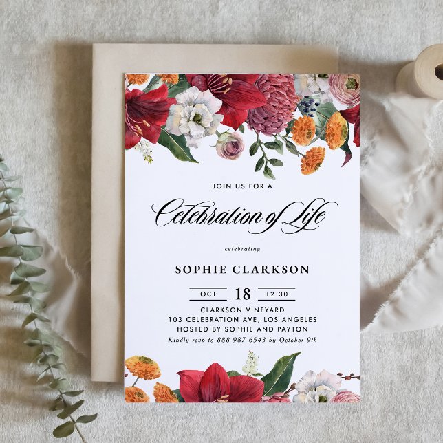 Convite Celebração da Vida com Amarílis Botânica e Crisânt (Elegant Floral Celebration Invitation with Amaryllis, Peonies, Ranunculus and Chrysanthemums )