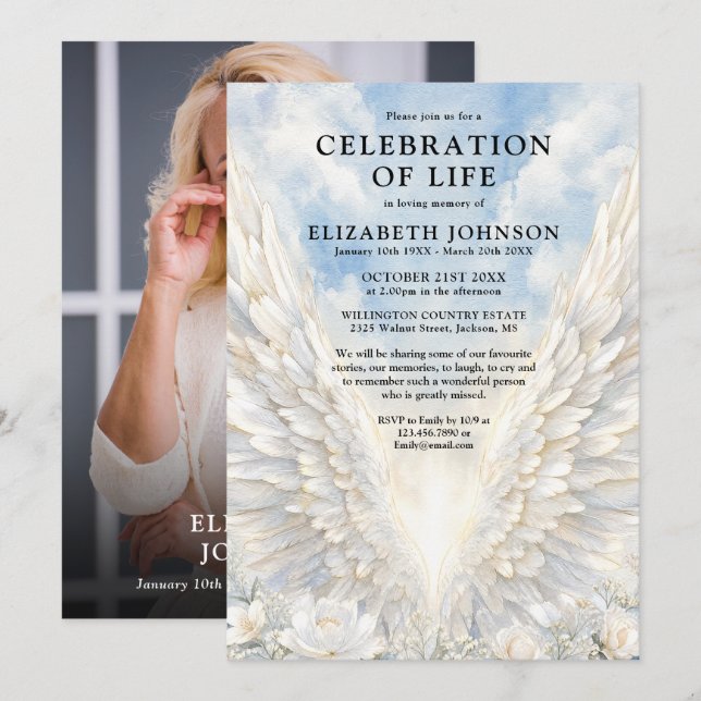 Convite Celebração da Vida com Asas de Anjo Funeral Foto (Frente/Verso)