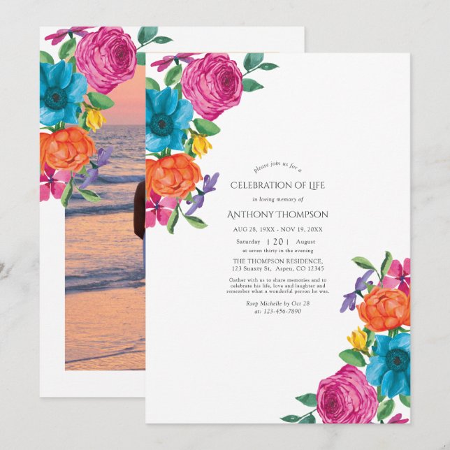 Convite Celebração da Vida com Fiesta Floral em Aquarela (Frente/Verso)