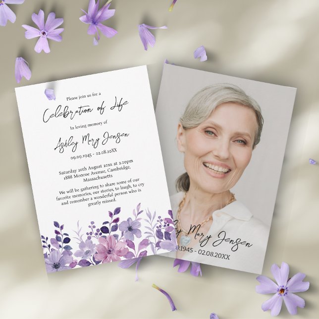 Convite Celebração da Vida com Flor Roxa Foto Funeral (Criador carregado)