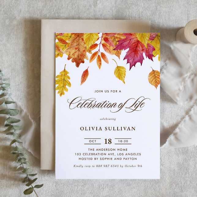 Convite Celebração da Vida com Folhas de Outono em Aquarel ( Autumn Watercolor Leaves Celebration of Life Invitation with Matching Back Pattern)