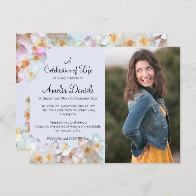 Convite Celebração da Vida com Foto de Flor Selvagem Azul  (Frente/Verso)