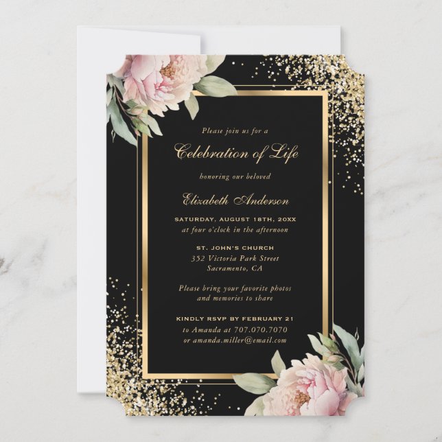 Convite Celebração da Vida com Foto Dourada Preta de Penín (Frente)