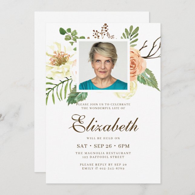 Convite Celebração da Vida com Fotos Florais Modernas de W (Frente/Verso)