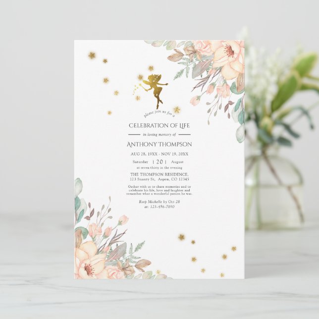 Convite Celebração da Vida com tema de Fada Rosa e Dourado (Em pé/Frente)