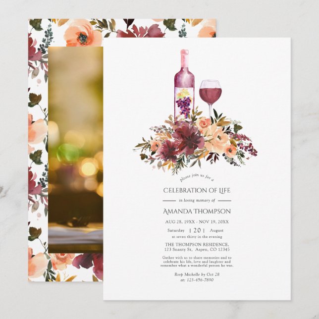 Convite Celebração da Vida com tema de Vinho Floral Pêsseg (Frente/Verso)
