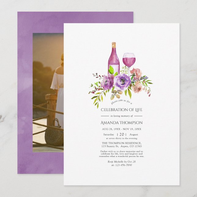 Convite Celebração da Vida com tema de Vinho Floral Roxo (Frente/Verso)