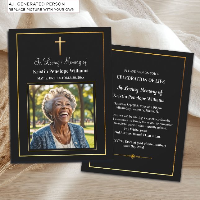 Convite Celebração da Vida Cruz de Ouro Foto Funeral (Criador carregado)