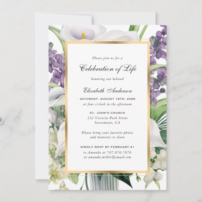 Convite Celebração da Vida da Elegante Dourada Calla Lily (Frente)