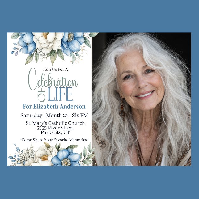 Convite Celebração da Vida da Magnólia Azul e Peônia (Blue and white magnolia and peony floral Celebration Of Life invitation 
)
