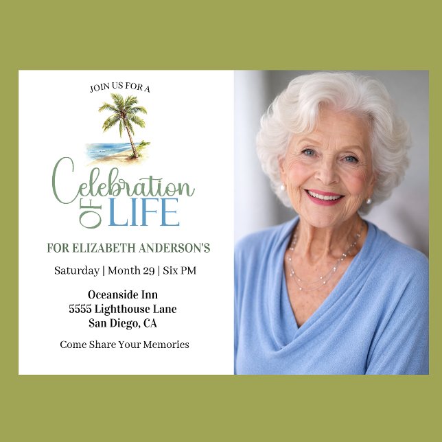 Convite Celebração da Vida da Palmeira da Praia (Tropical beach celebration of life invitation with palm tree watercolor design and elegant photo)