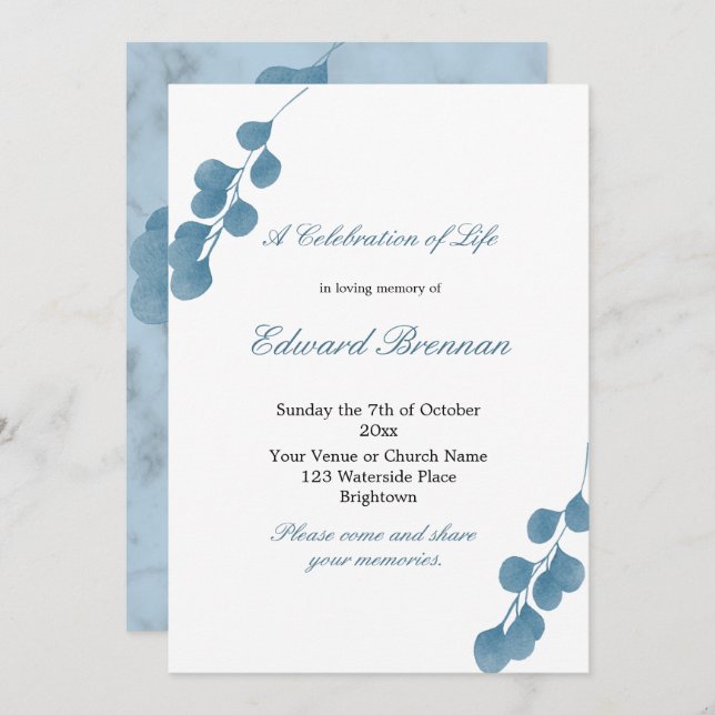 Convite Celebração Da Vida De Eucalipto Azul Funeral (Frente/Verso)