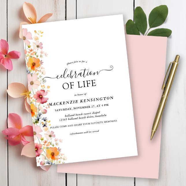 Convite Celebração da Vida de Flores Selvagens Modernas de (Modern Watercolor Wildflowers Celebration of Life Invitation)