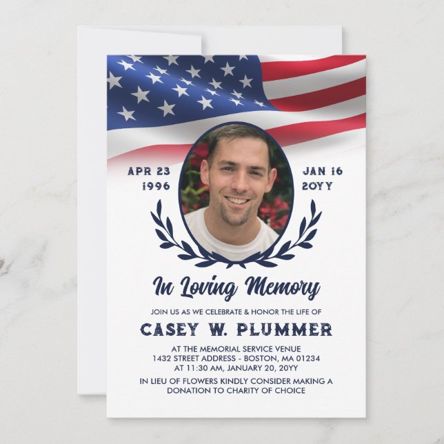 Convite Celebração da Vida de Foto Oval da Bandeira marinh (Frente)