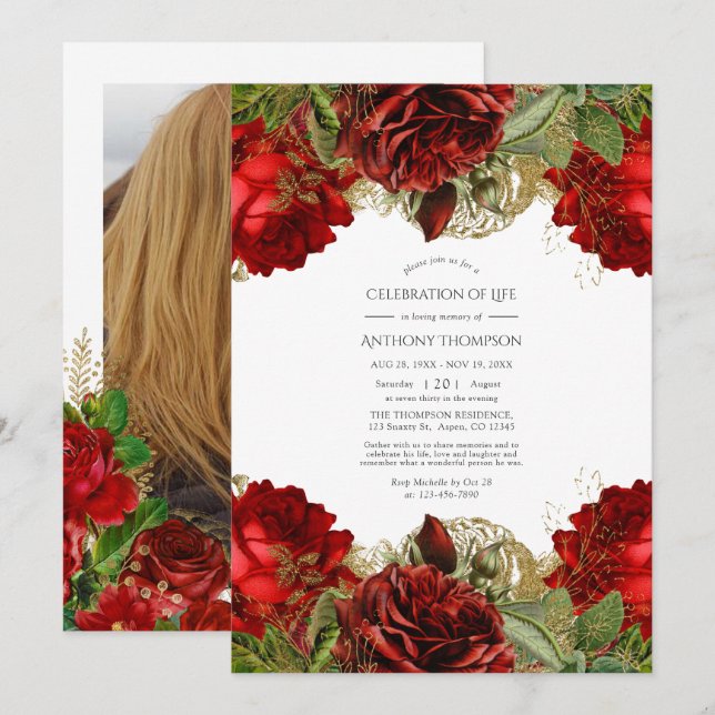 Convite Celebração da Vida do Dourado e Vermelho Burgundy (Frente/Verso)